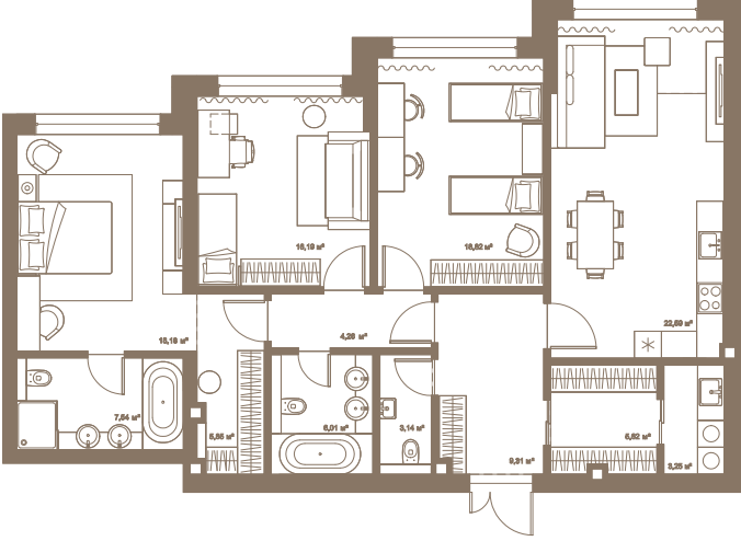 Трёхкомнатная квартира 124.33 м²