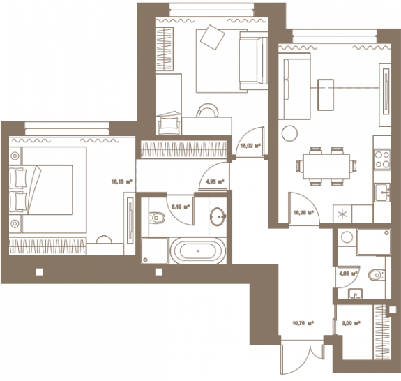 Двухкомнатная квартира 81.59 м²